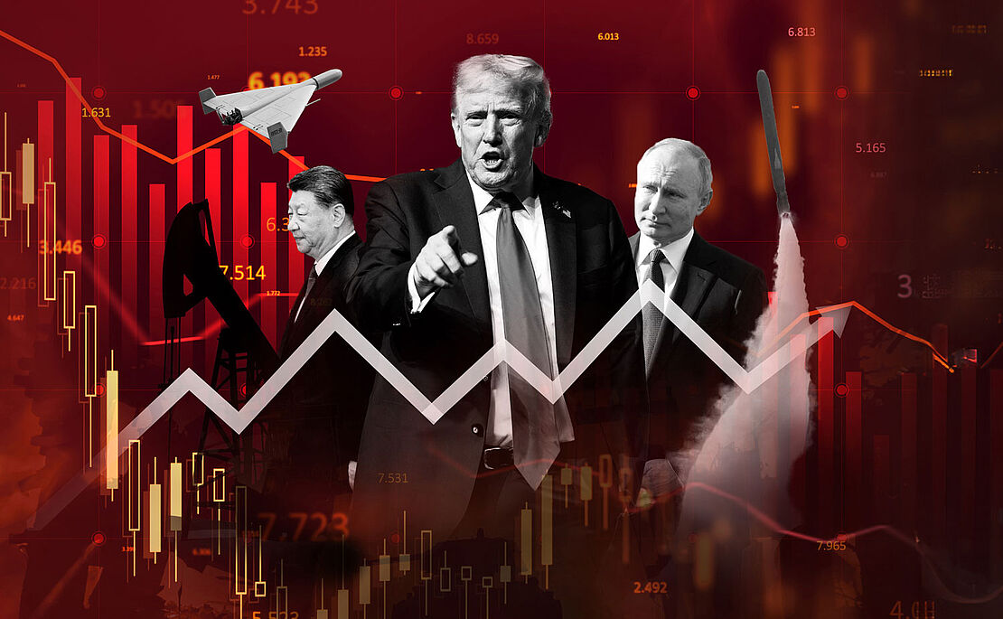 Bildmontage mit Aktiencharts und Fotos verschiedener Präsidenten wie Trump und Putin