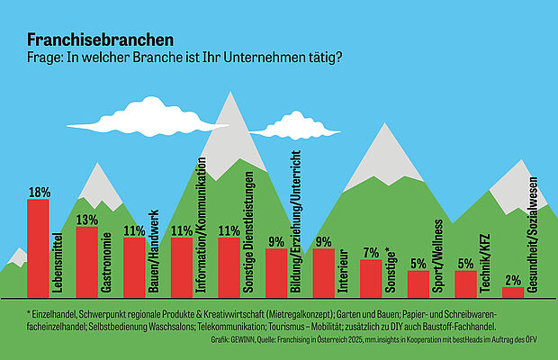 Tabelle der Franchisebranchen, im Hintergrund Illustration von Bergen
