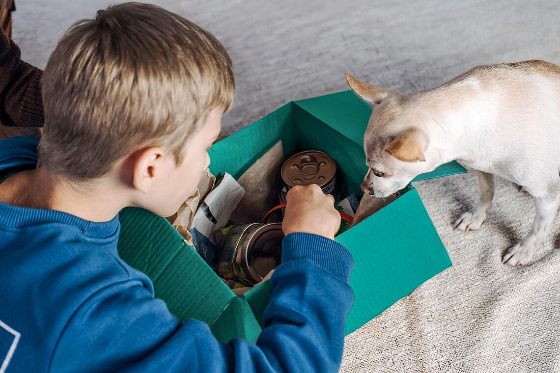 Bub über eine Kiste gebeugt, ein Hund sieht ebenfalls rein