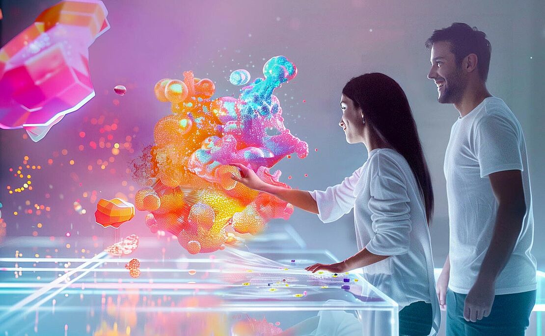 Frau und Mann vor einem bunten digitalen Wolkengebilde