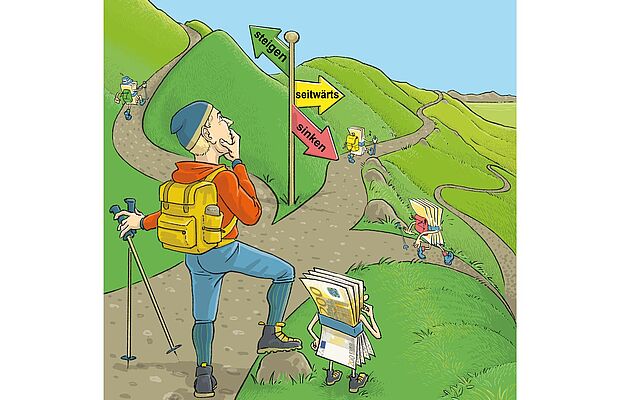 Illustration eines Wanderers, der vor einer Weggabelung steht