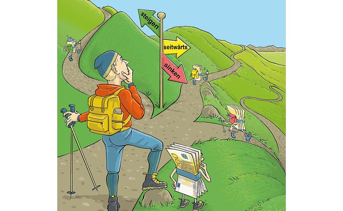 Illustration eines Wanderers, der vor einer Weggabelung steht
