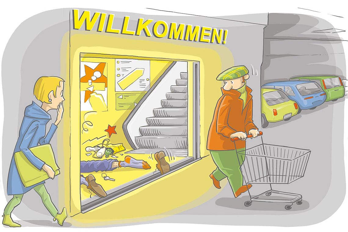 Illustration: Mann verlässt mit Einkaufswagen ein Geschäft mit Rolltreppe, eine Frau hält sich die Hand vor dem Mund, im Geschäft sieht man die Füße einer gestürzten Person