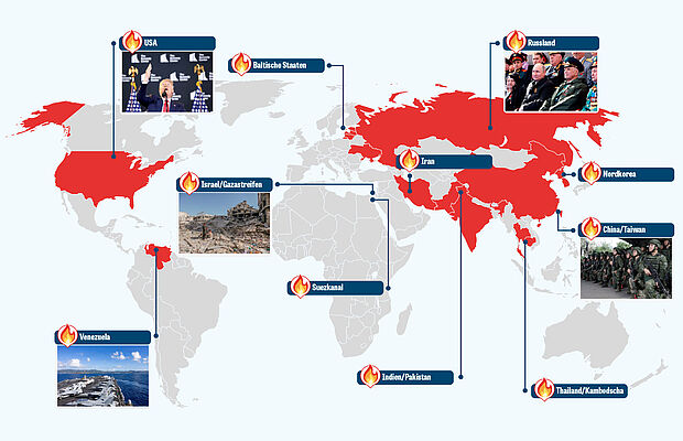 Weltkarte mit Markierungen der Brandherde