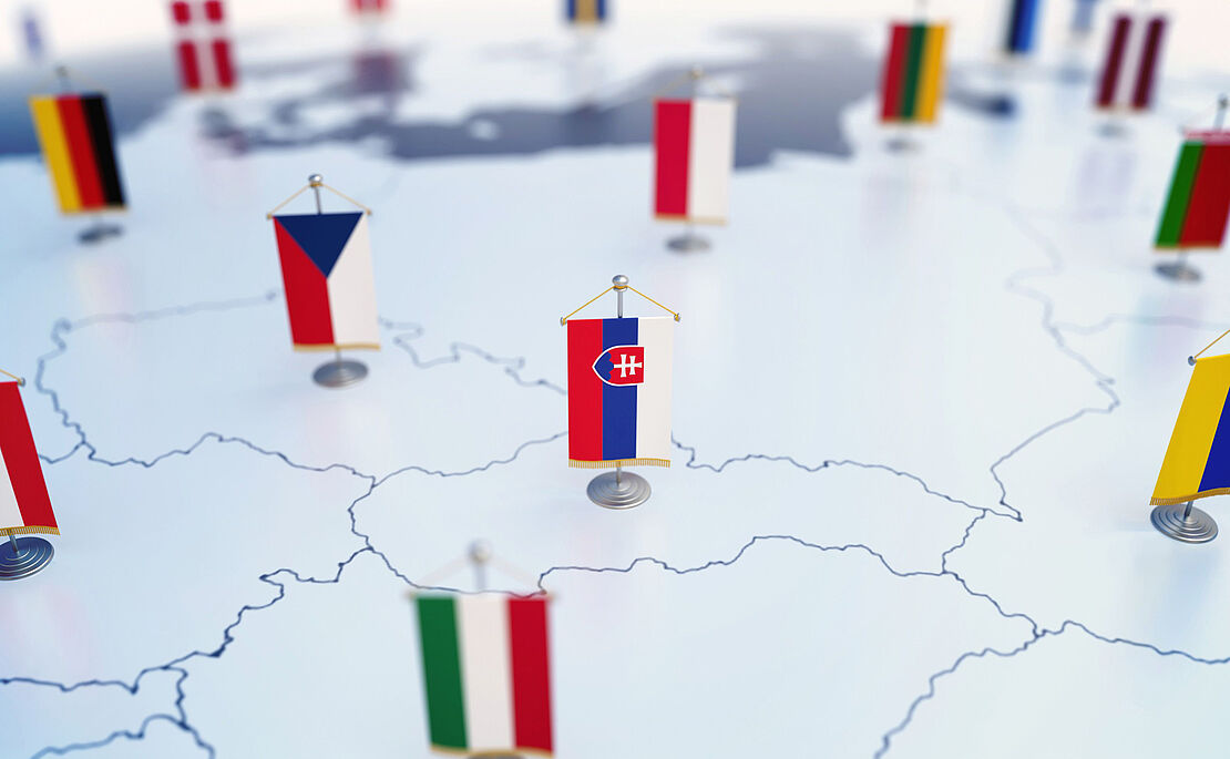 Landkarte mit der jeweiligen Landesflagge darauf