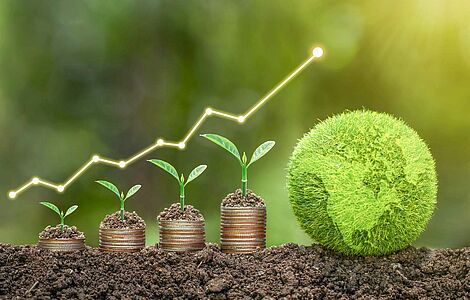 Stapel aus Münzen, aus denen ein Pflänzchen sprießt und der immer größer wird, darüber ansteigender Chart