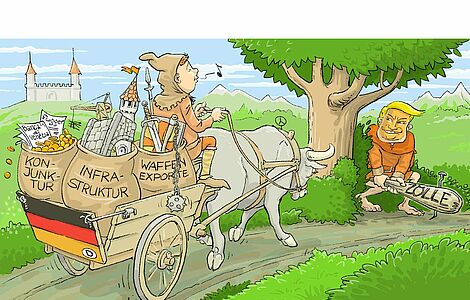 Illustration: Bauer auf einer Ochsenkutsche, geladen drei Säcke mit Kunjunktur, Infrastruktur und Waffenexporte; hinter dem nächsten Baum lauert ein Mann mit einer Keule, die mit "Zölle" beschriftet ist