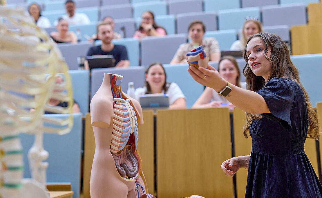 Vortragende im Hörsaal, die herausnehmbare Eingeweide aus einer Puppe präsentiert