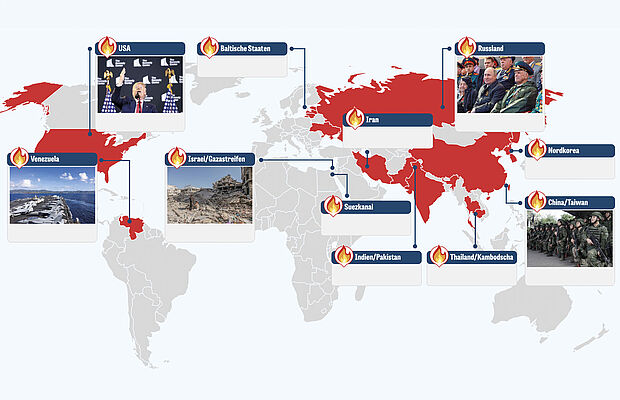 Weltkarte mit Markierungen der Brandherde