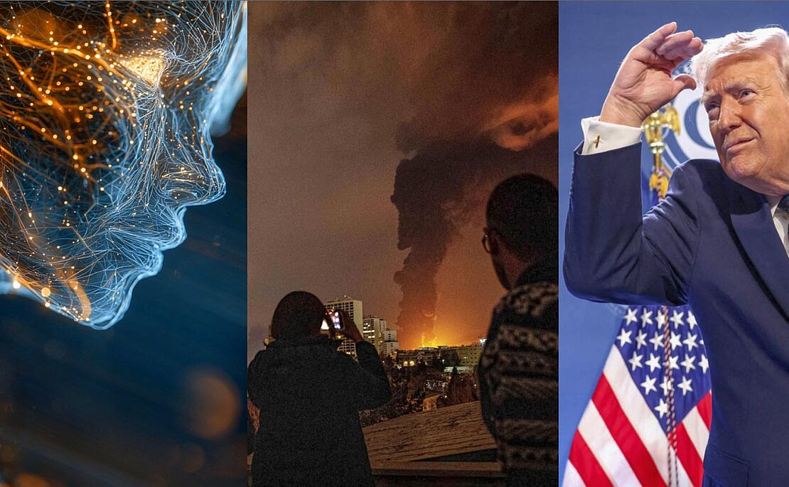 Drei Fotos, links ein KI-generiertes Gesicht aus blauen und gelben Linien, mittig ein Kriegsfoto mit aufsteigender Rauchsäule nachts, links Donald Trump