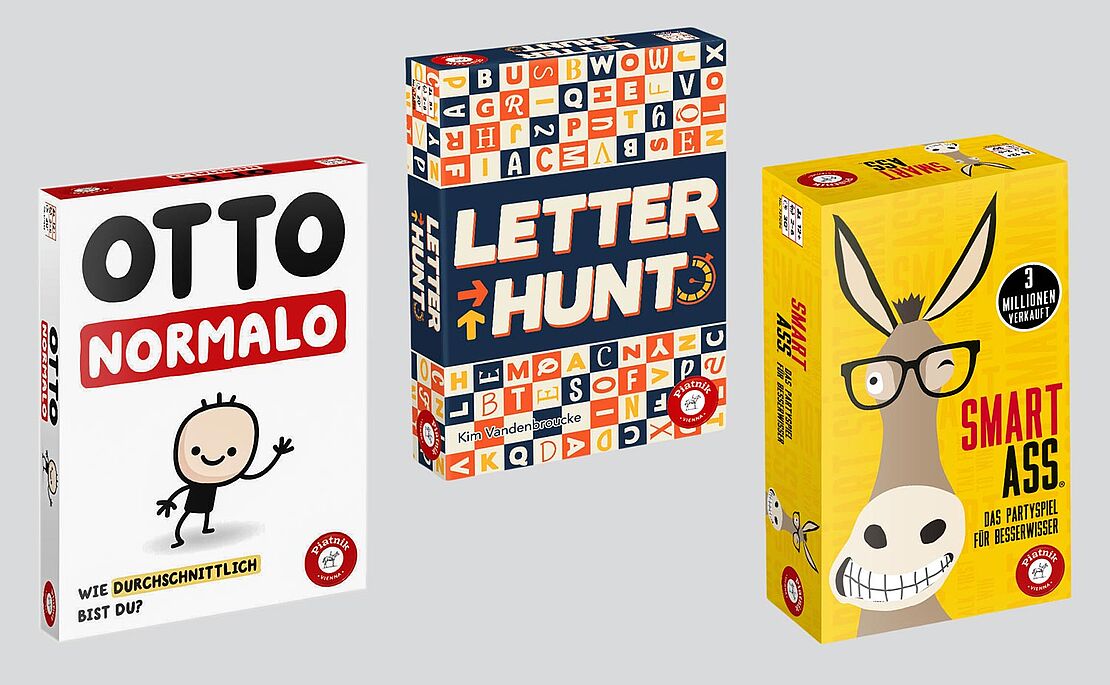 Cover der drei neuen Spiele „Otto Normalo“, „Letter Hunt“ und „Smart Ass“