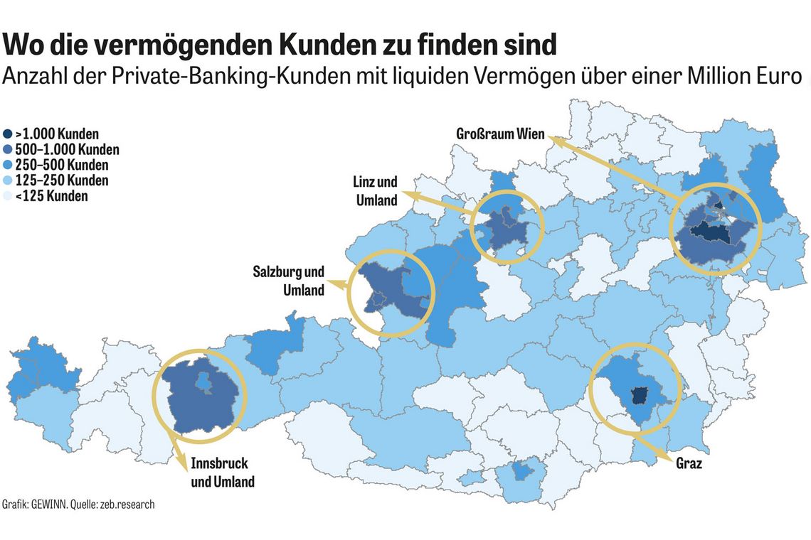 Landkarte von Österreich mit blauen Kennzeichnungen zum Finanzvermögen der Bankkunden
